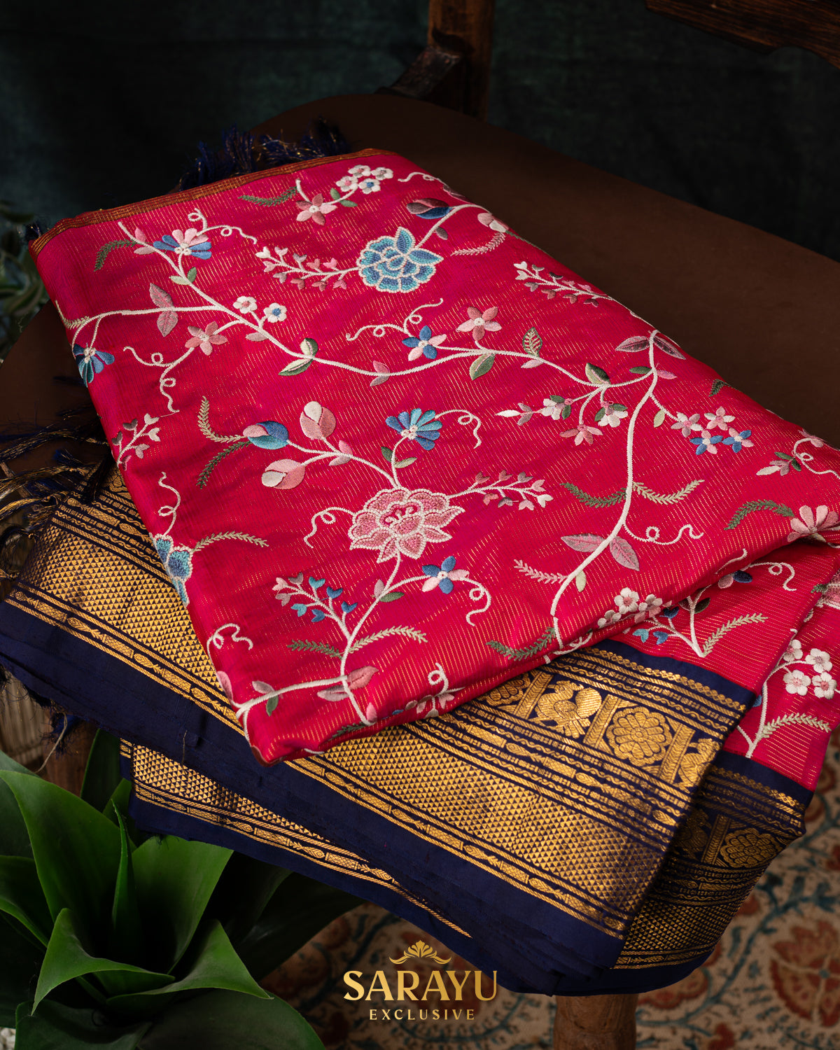 Rich Tomato Red and Navy Exclusive Kanchi Silk