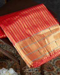 Rich and Bright Red Vertical Zari Lines Tissue Triple Muniya Paithani !!