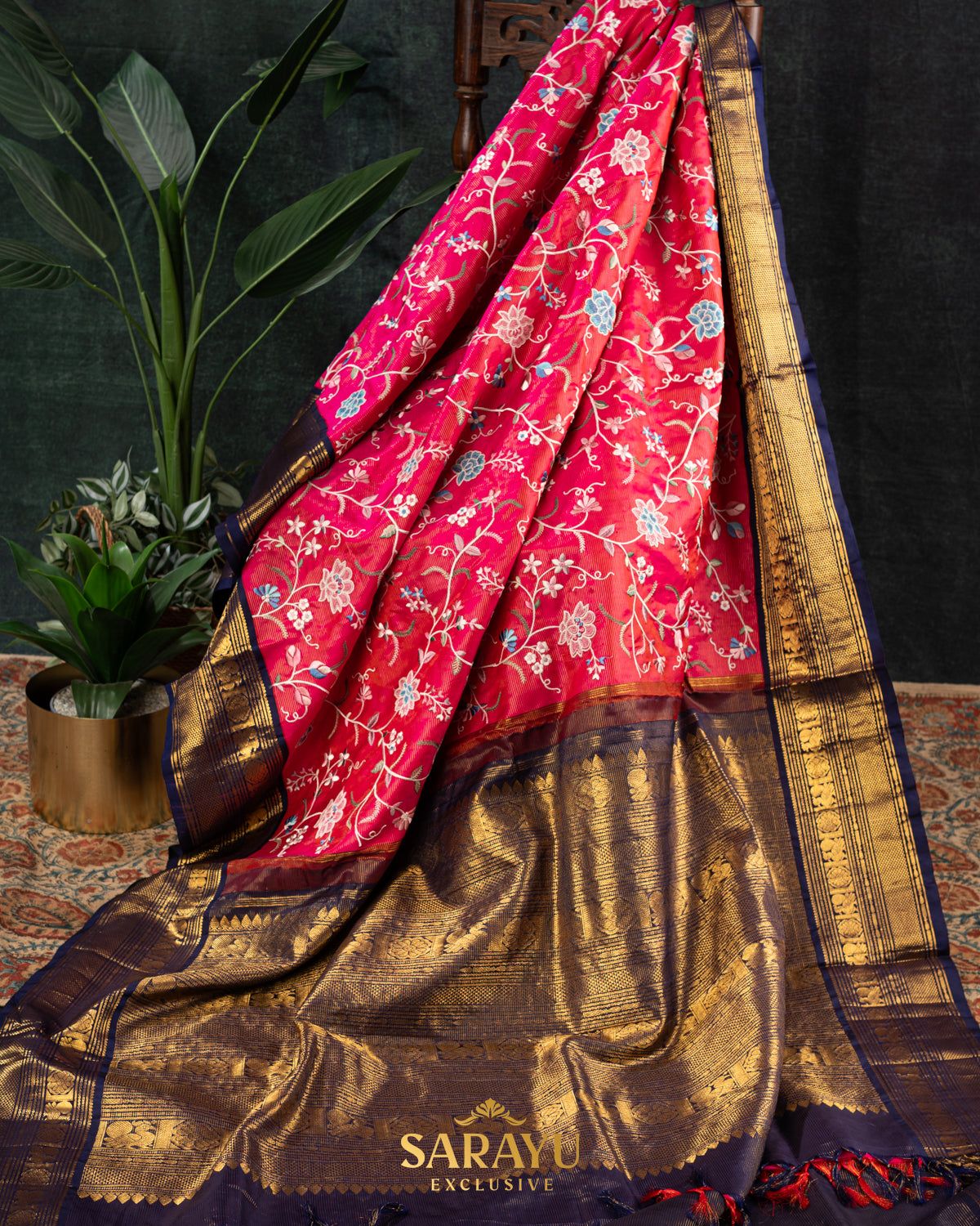 Rich Tomato Red and Navy Exclusive Kanchi Silk