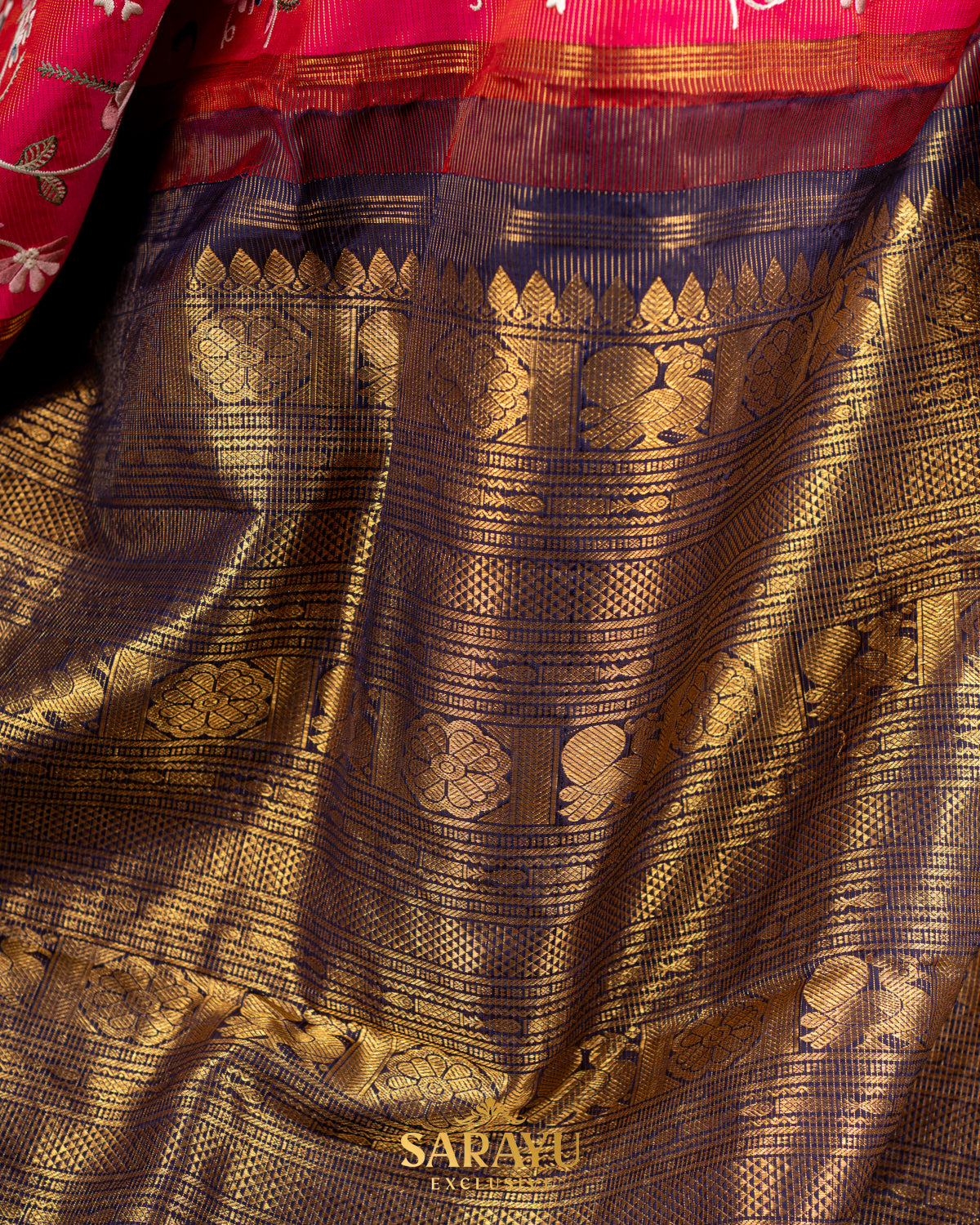 Rich Tomato Red and Navy Exclusive Kanchi Silk