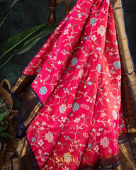 Rich Tomato Red and Navy Exclusive Kanchi Silk