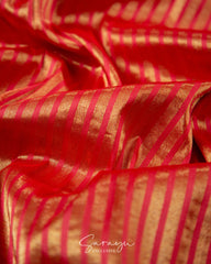 Rich and Bright Red Vertical Zari Lines Tissue Triple Muniya Paithani !!