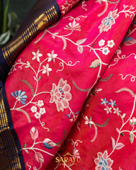Rich Tomato Red and Navy Exclusive Kanchi Silk