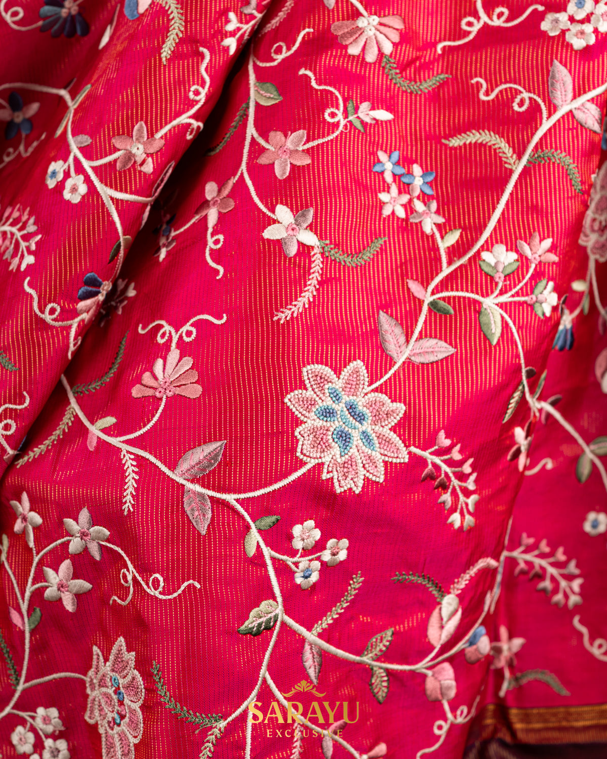 Rich Tomato Red and Navy Exclusive Kanchi Silk