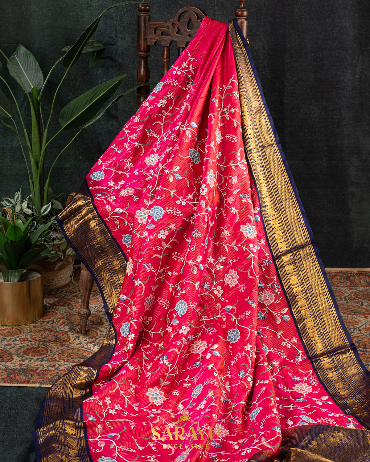 Rich Tomato Red and Navy Exclusive Kanchi Silk