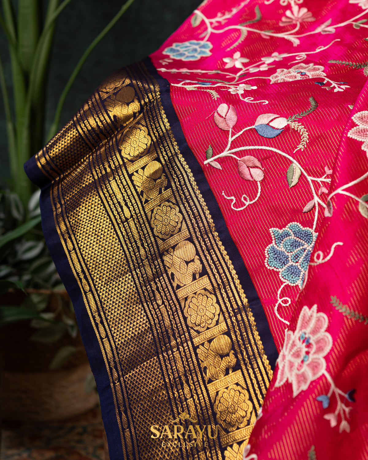 Rich Tomato Red and Navy Exclusive Kanchi Silk