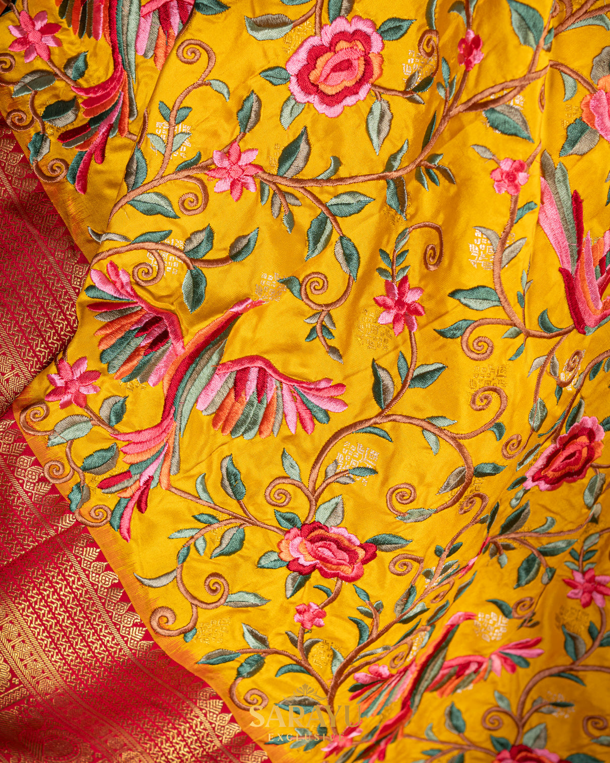 Bright and Beautiful Yellow and Red Twill Ikkat Kanchi Silk Saree