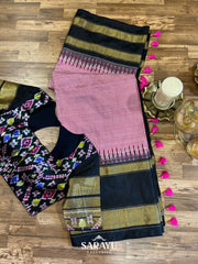 Pink and Black Single Ikkat Pure Silk