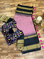 Pink and Black Single Ikkat Pure Silk