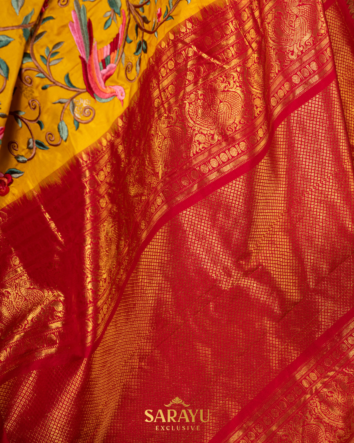 Bright and Beautiful Yellow and Red Twill Ikkat Kanchi Silk Saree