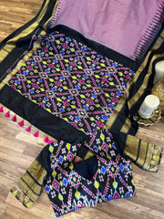 Pink and Black Single Ikkat Pure Silk