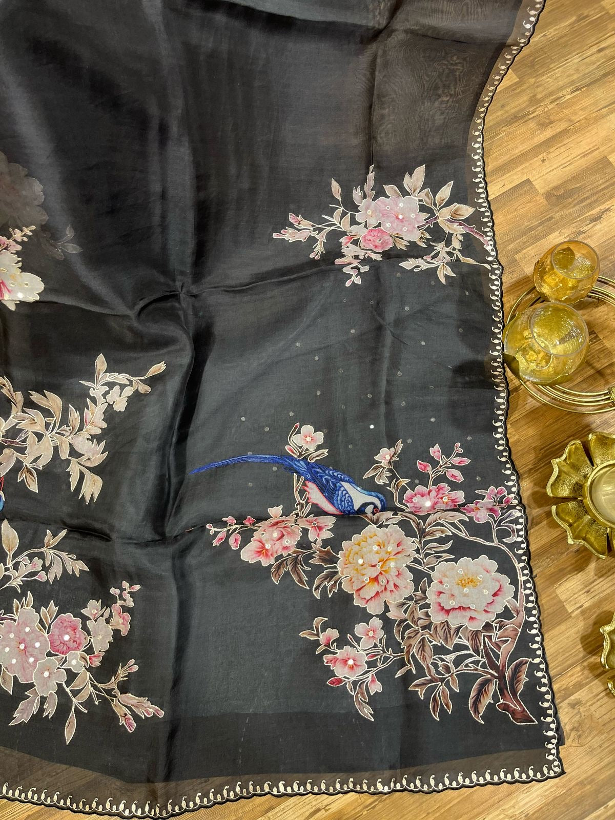 Black Designer Floral Print Organza