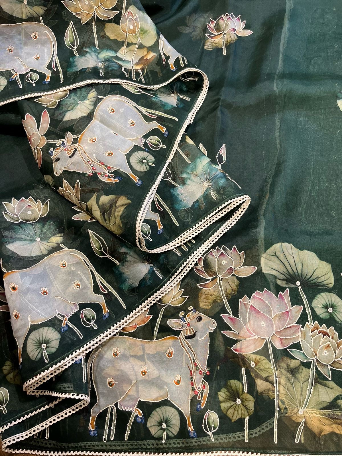 Bottle green Designer Floral Print Pure Organza