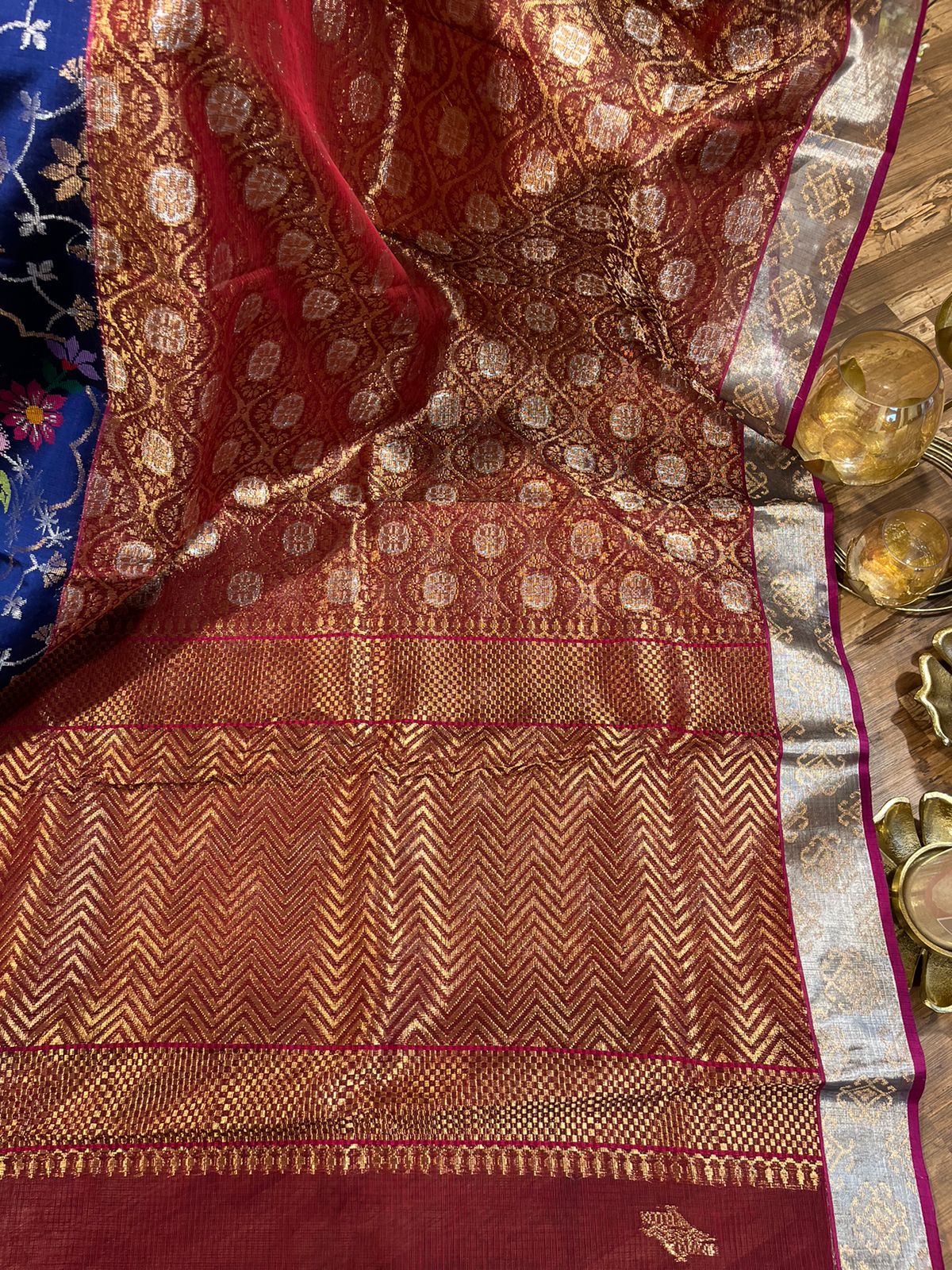 Brick and Royal Blue Pure Zari kota Jamawar