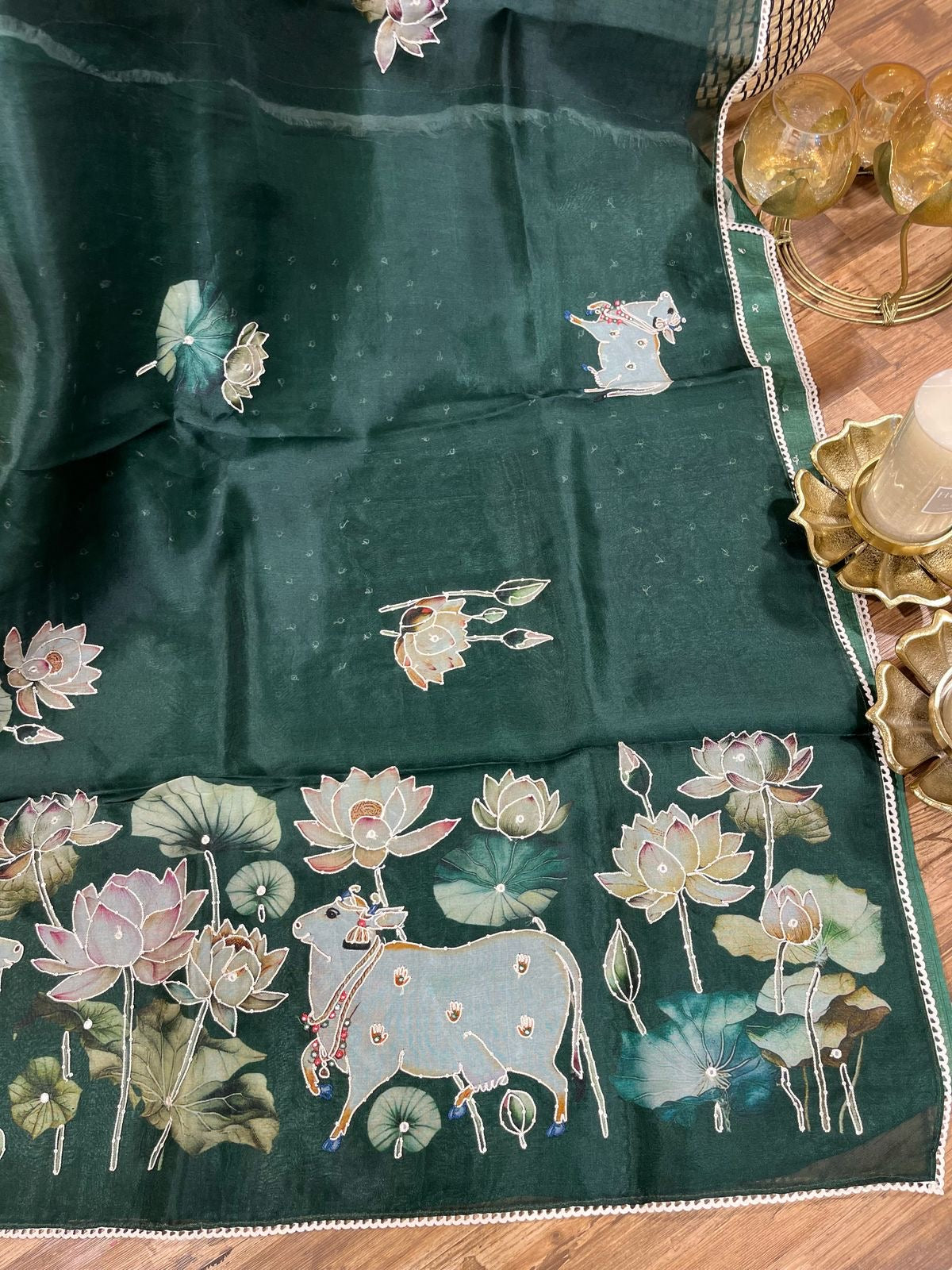 Bottle green Designer Floral Print Pure Organza