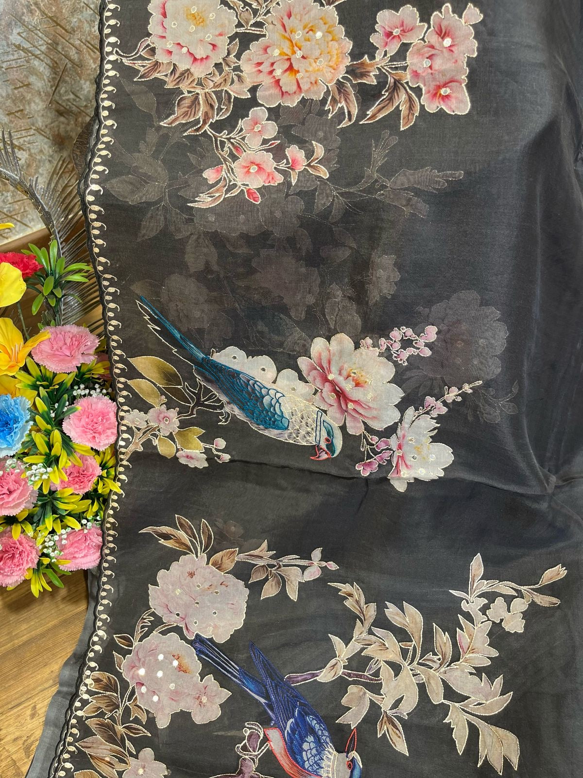 Black Designer Floral Print Organza