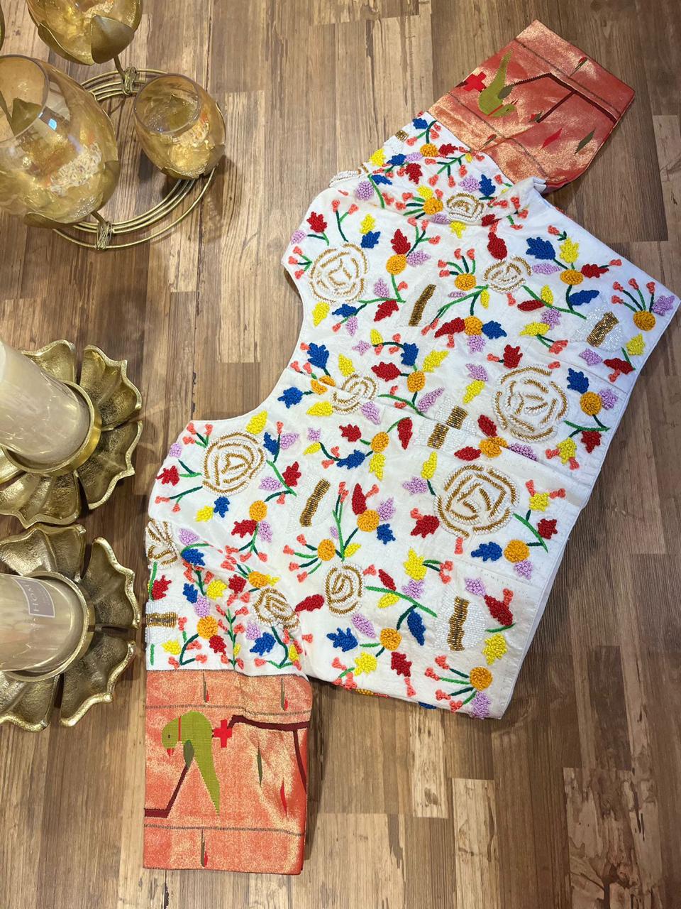 White Raw-silk All Over Handworked and Paithani Fusion Blouse