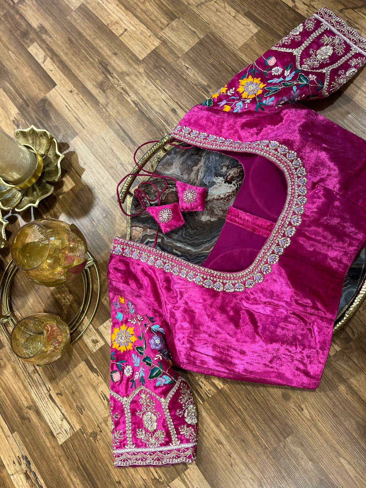 Rani Pink Velvet Handworked Blouse