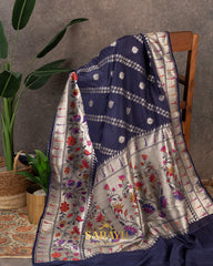 Deep Navy Tussar Silk In Laheria Pattern