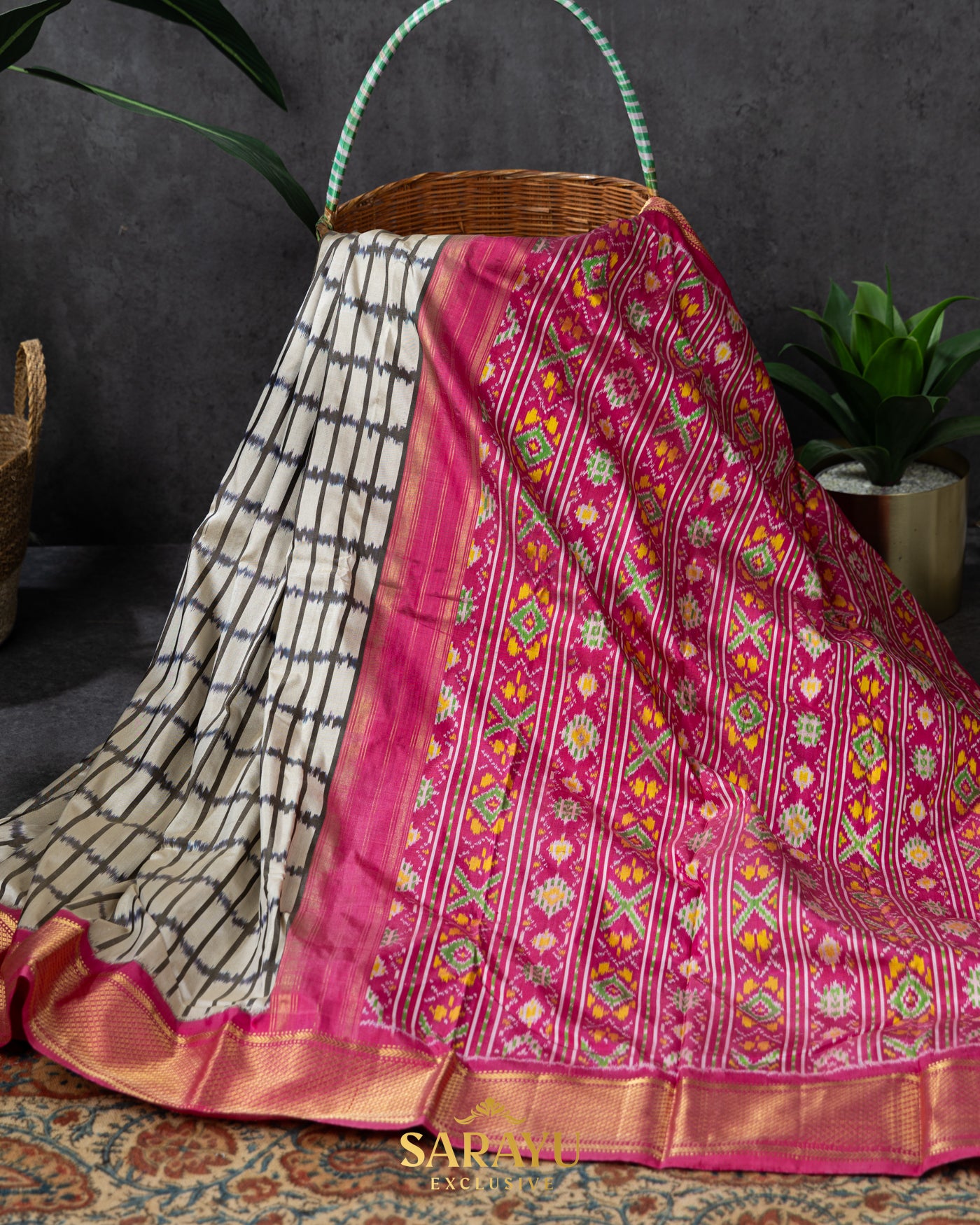 Beige and Pink Ikkat Silk