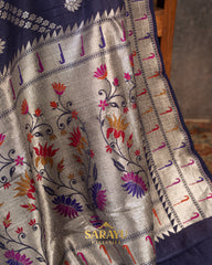 Deep Navy Tussar Silk In Laheria Pattern