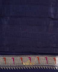 Deep Navy Tussar Silk In Laheria Pattern