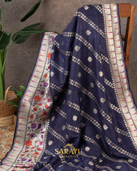 Deep Navy Tussar Silk In Laheria Pattern