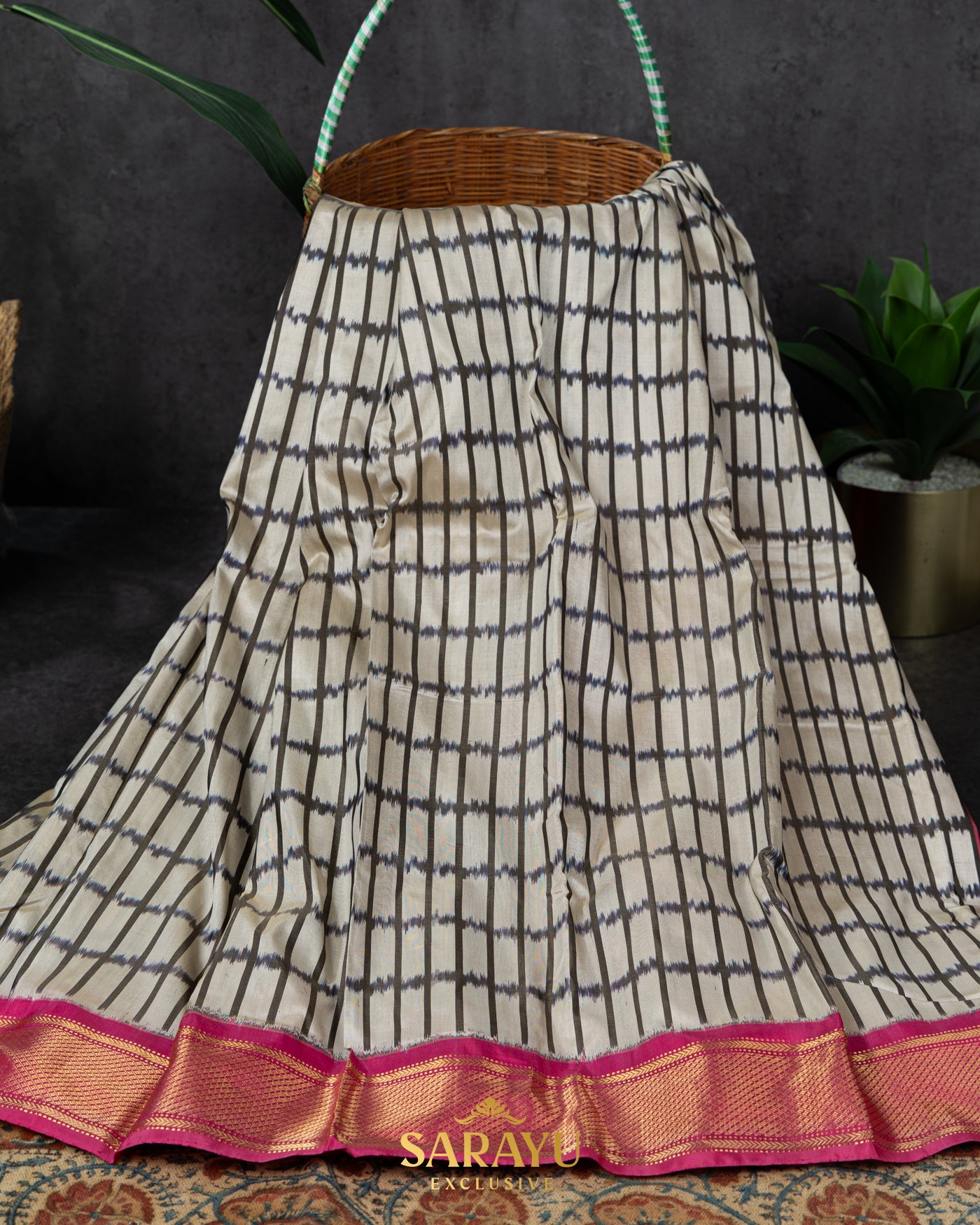 Beige and Pink Ikkat Silk