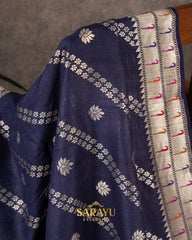 Deep Navy Tussar Silk In Laheria Pattern