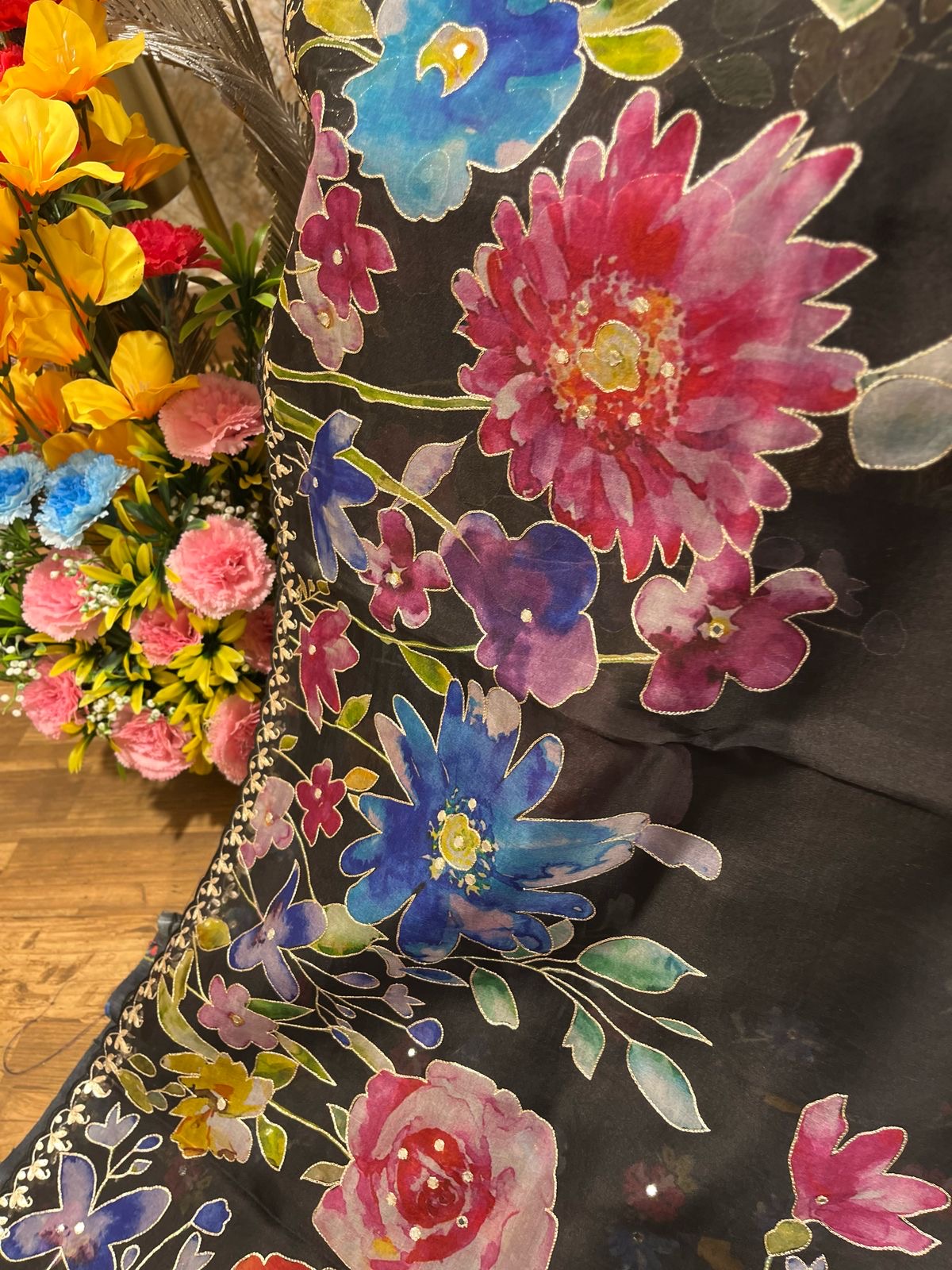 Black Designer Floral Print Organza