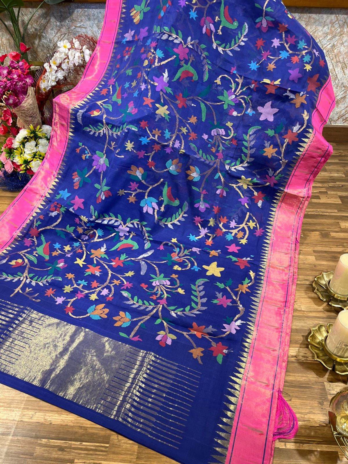 Blue and Pink Tissue Paithani Border