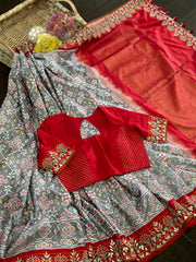 Grey and Red Twill Ikkat With Gota Work Saree