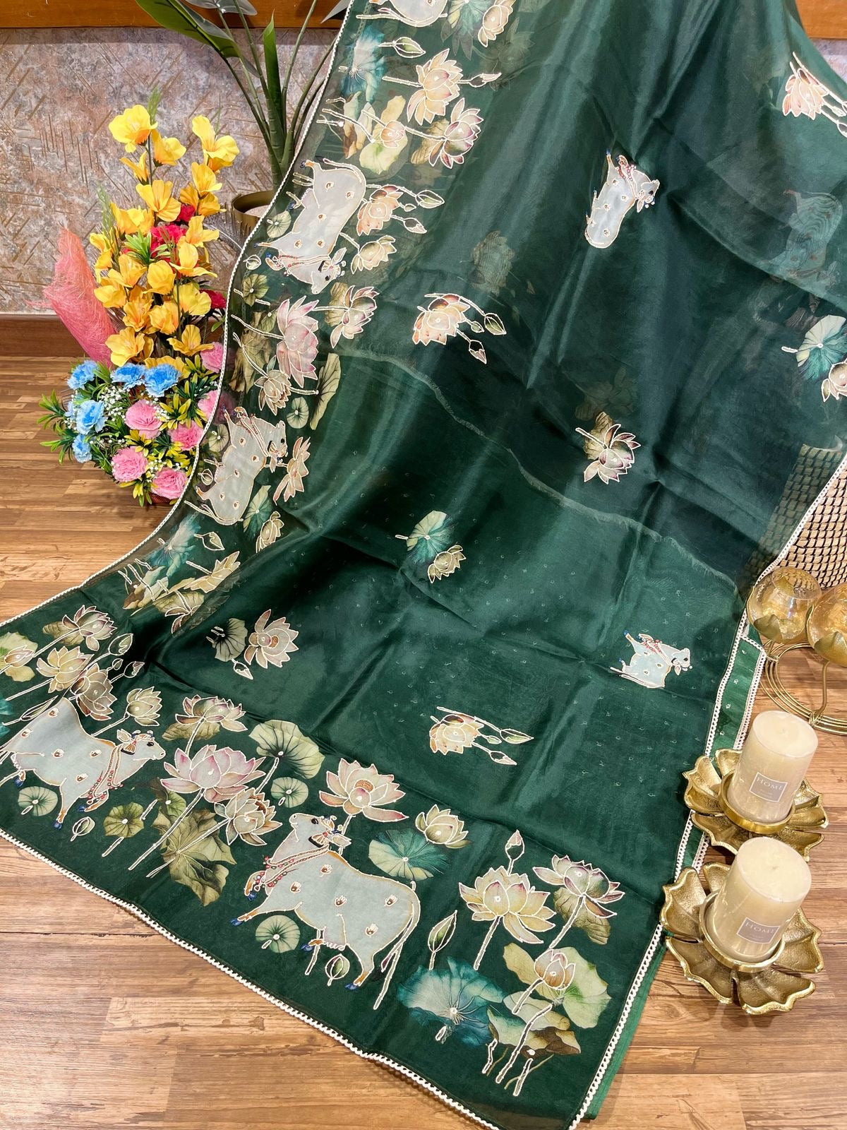 Bottle green Designer Floral Print Pure Organza