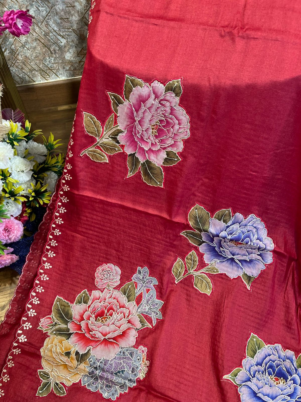 Maroon Red Green Tussar