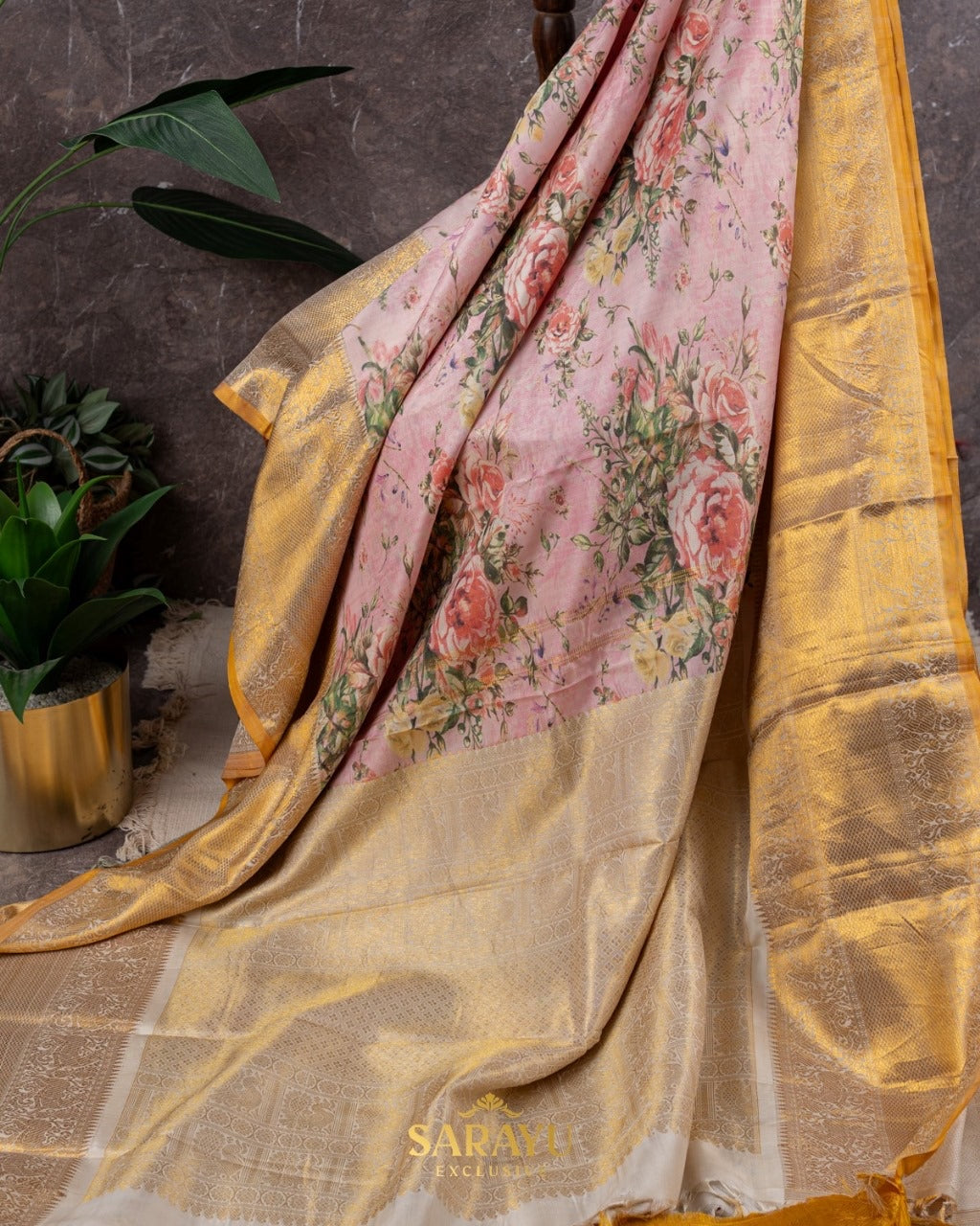 Soft Pink and Musturd Yellow Pure Kanchi Digital