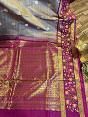 Grey and Magenta Pink Pure Kanchi Silk