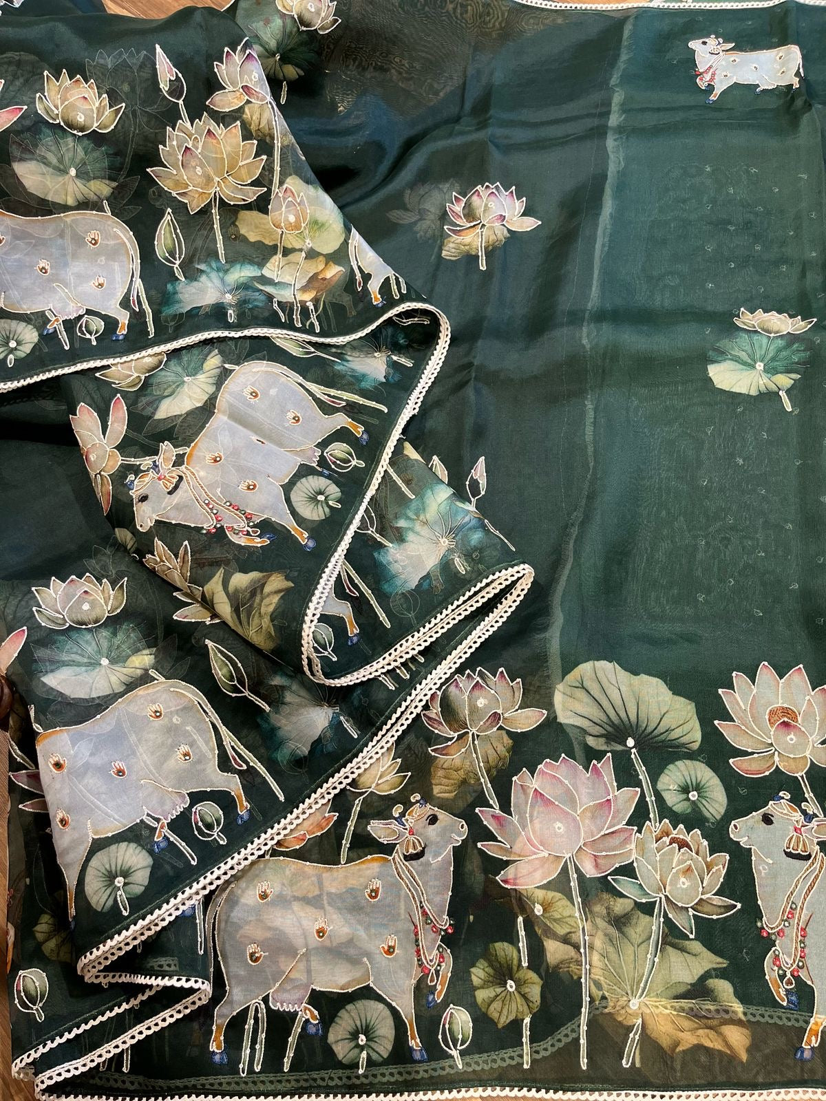 Bottle green Designer Floral Print Pure Organza