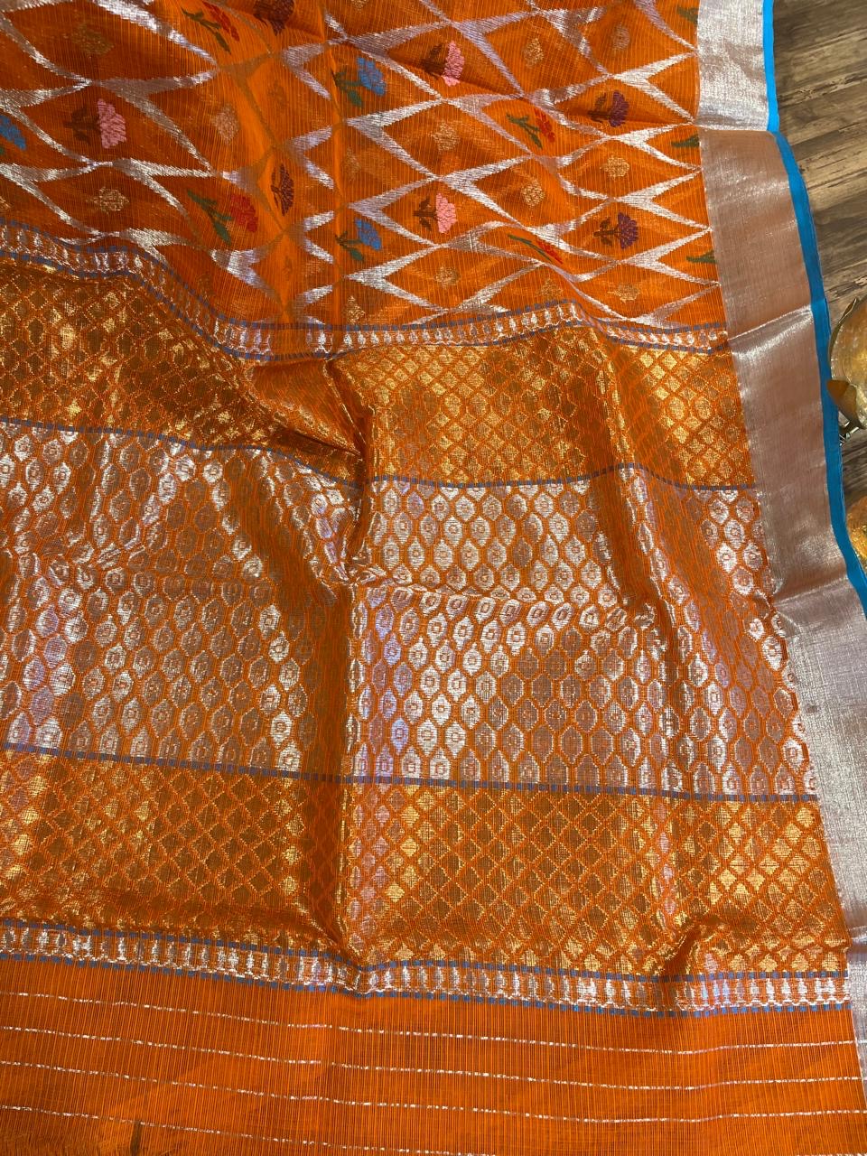 Designer All Over Jaal Pure Zari Kota Saree with Contrast Blouse