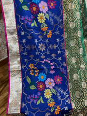 Green and Royal Blue Pure Zari kota Jamawar