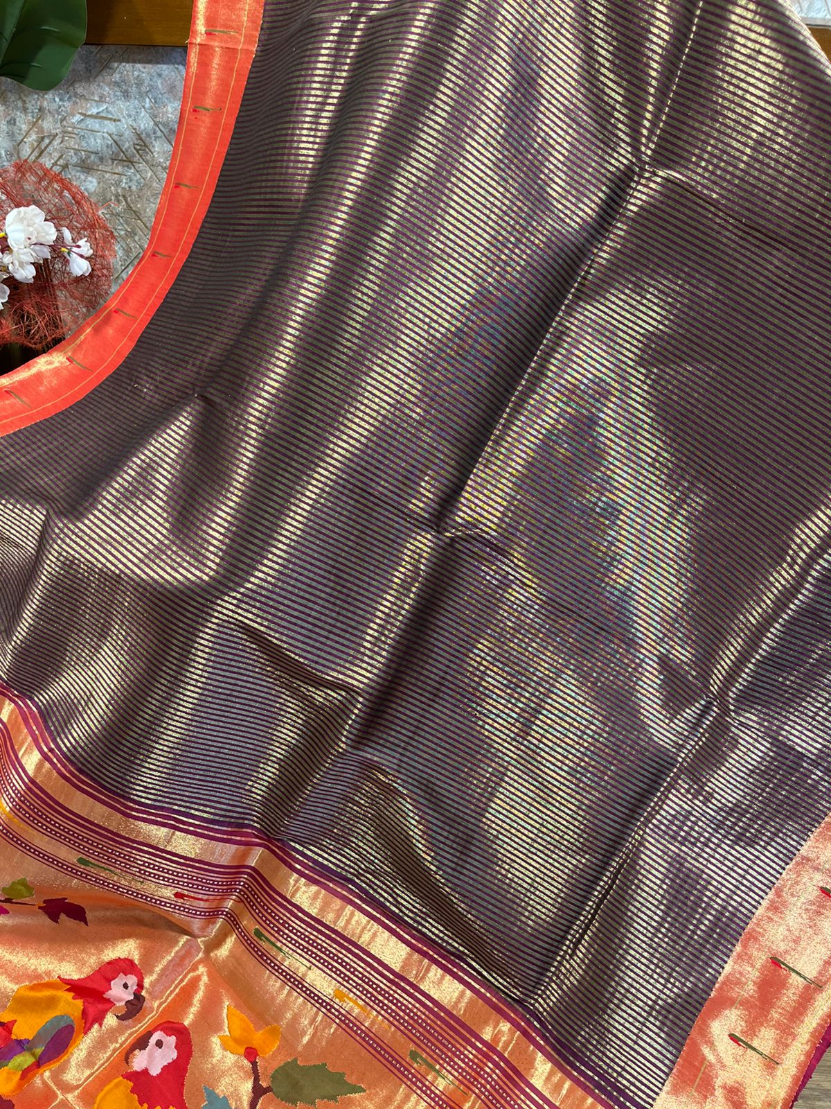 Wine Tissue Stripes Pure Silk Paithani