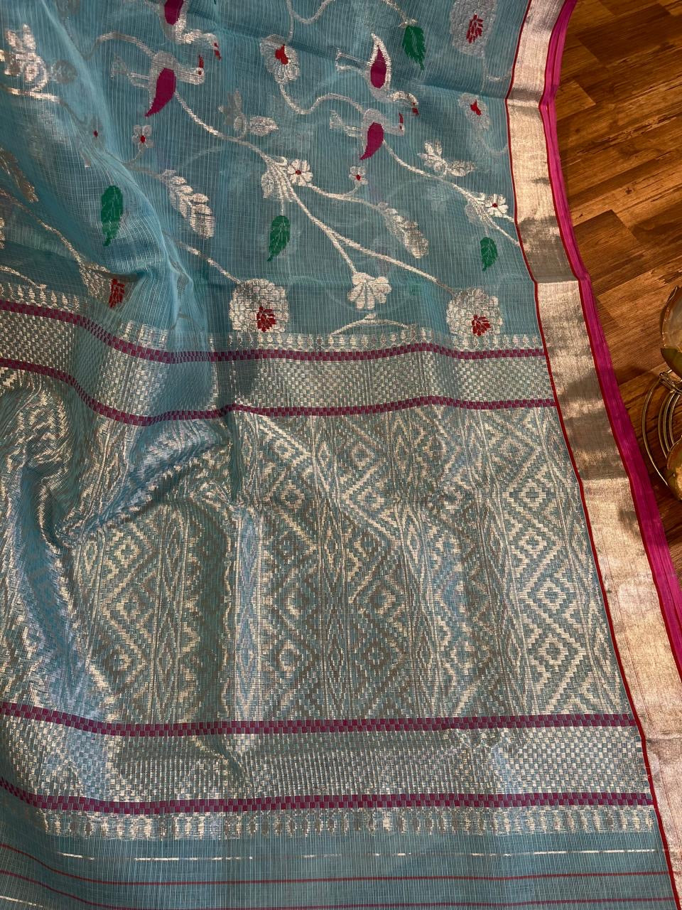 Designer All Over Jaal Pure Zari Kota Saree with Contrast Blouse