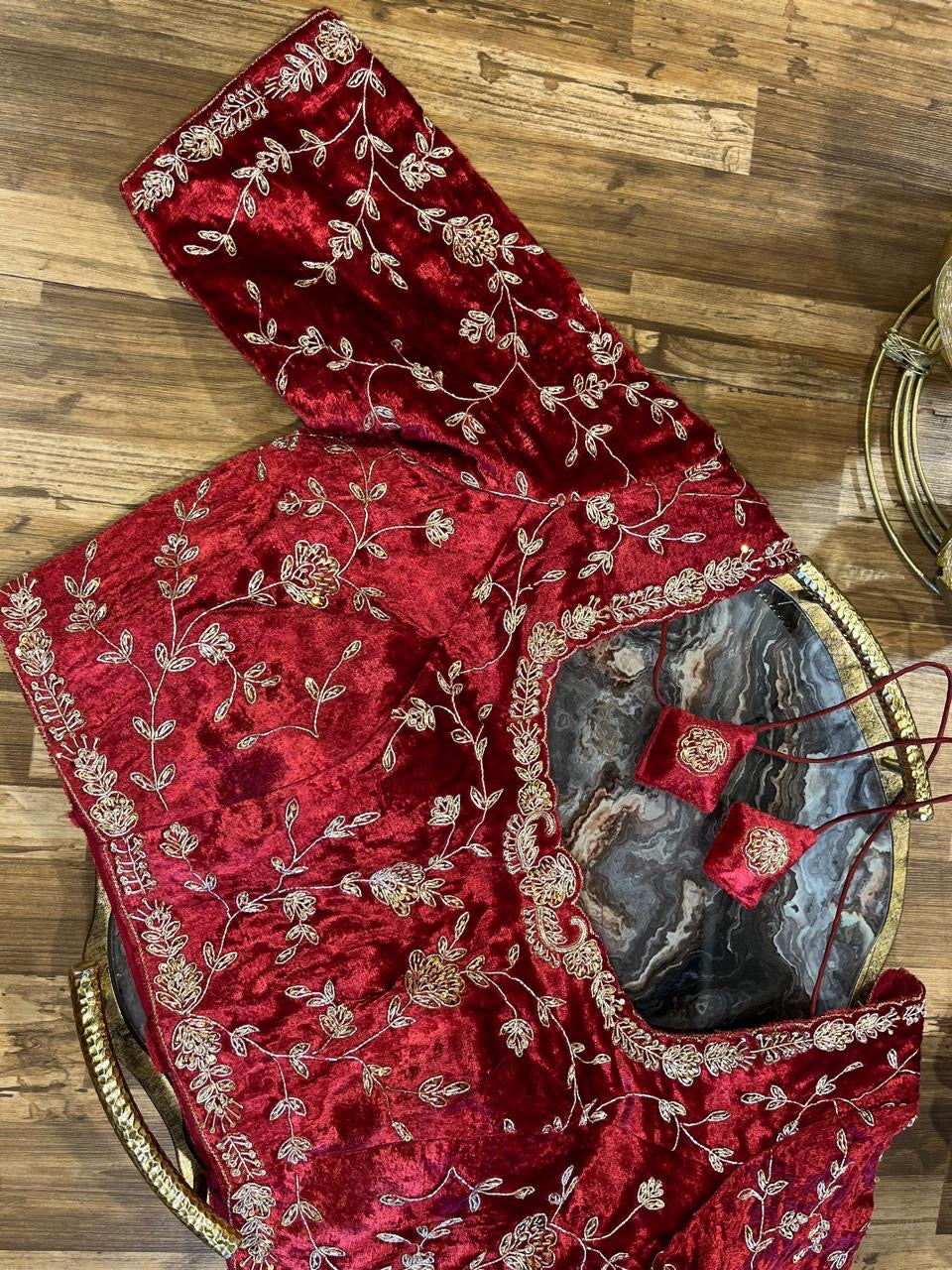Maroon Red  Velvet Handworked Blouse