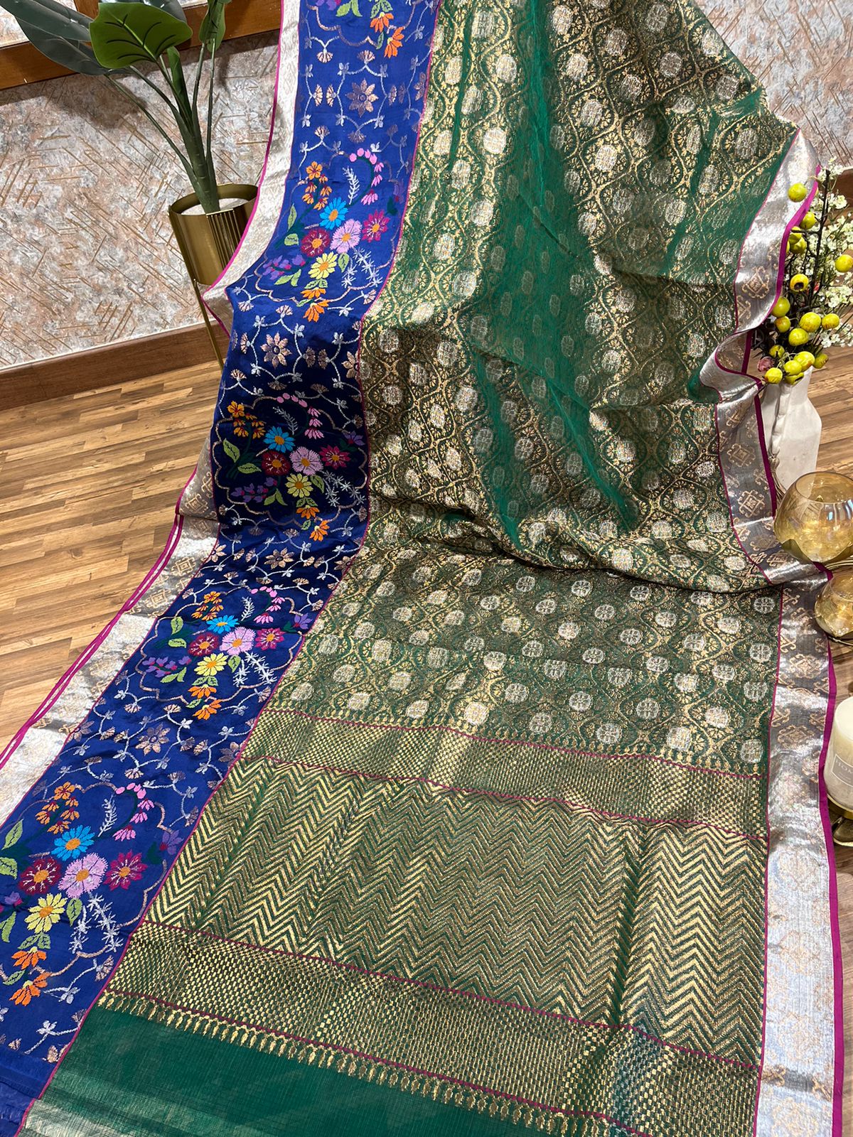 Green and Royal Blue Pure Zari kota Jamawar