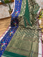 Green and Royal Blue Pure Zari kota Jamawar