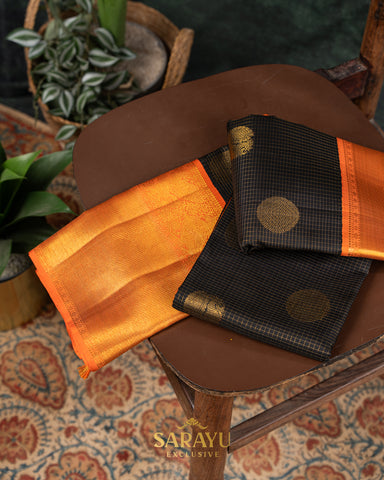 Stunning Black and Orange Combination Pure Kanchi Silk Saree