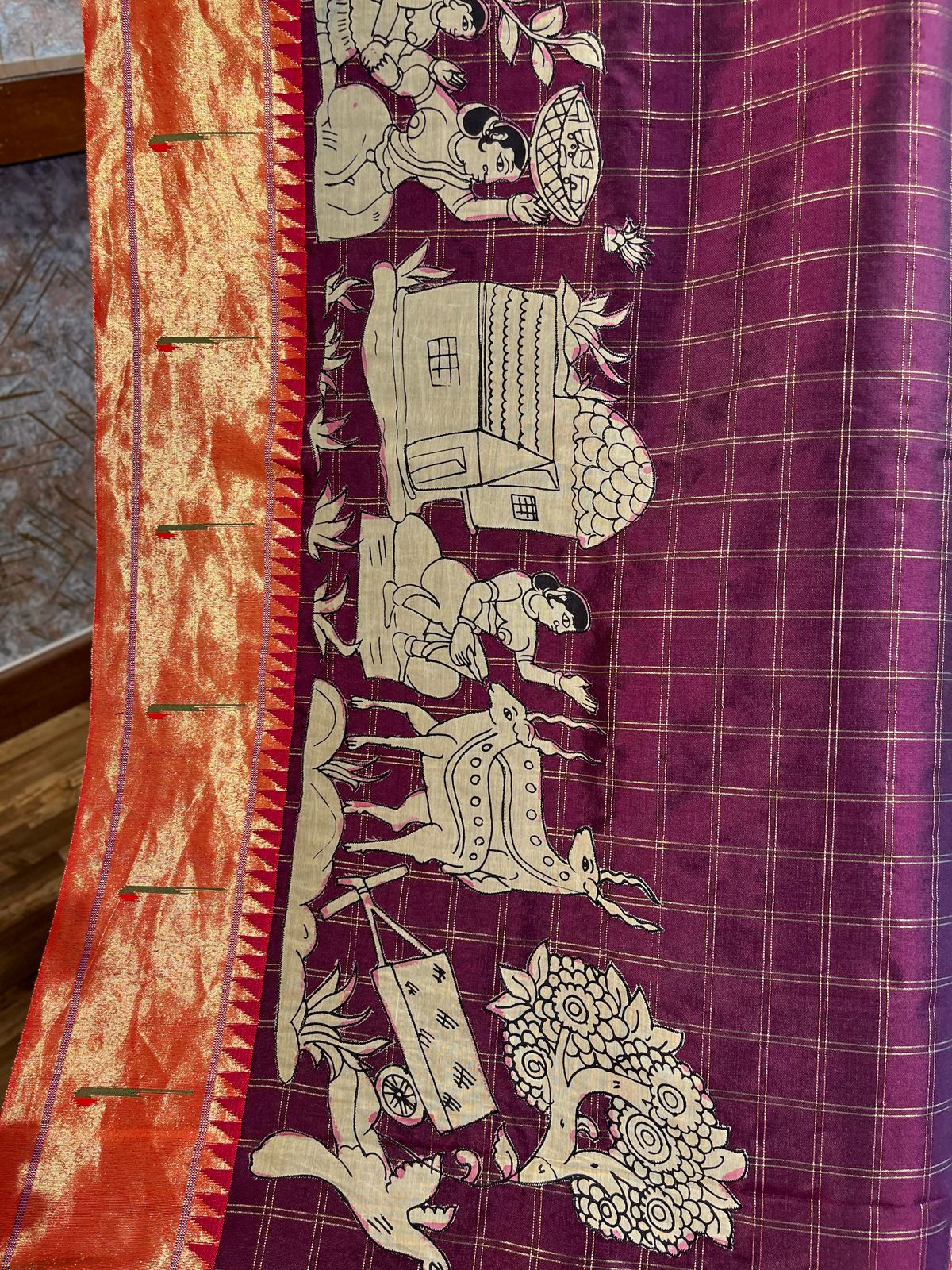 Wine Checkered Designer Exclusive Applique Work Paithani Pure Pattu