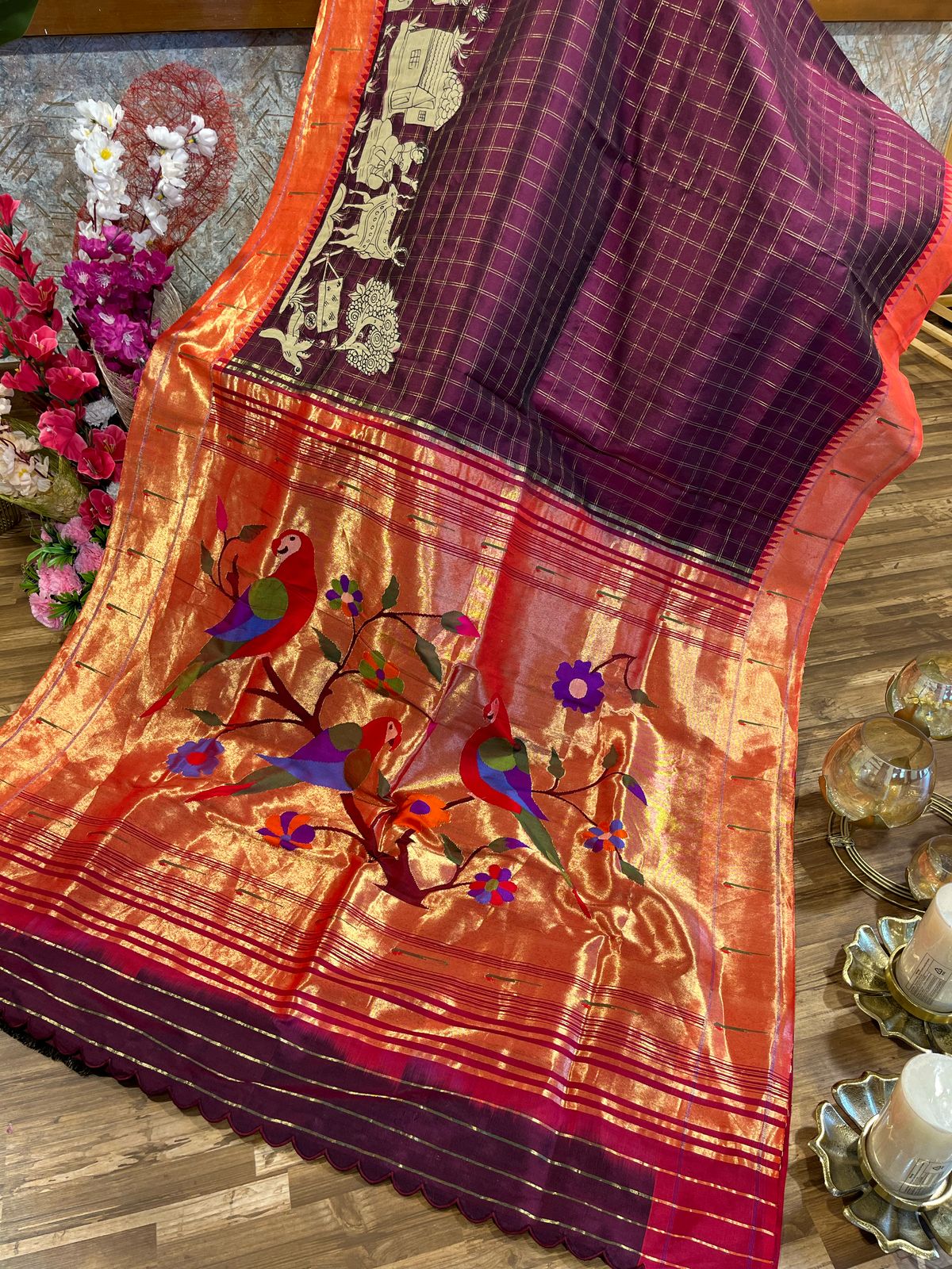 Wine Checkered Designer Exclusive Applique Work Paithani Pure Pattu