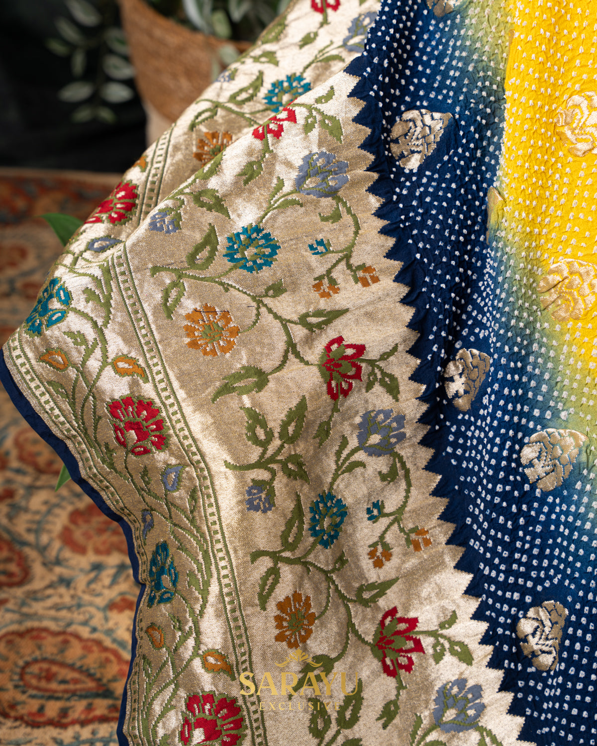 Masterpiece Sunshine Yellow and Navy Pure Banarasi Georgette