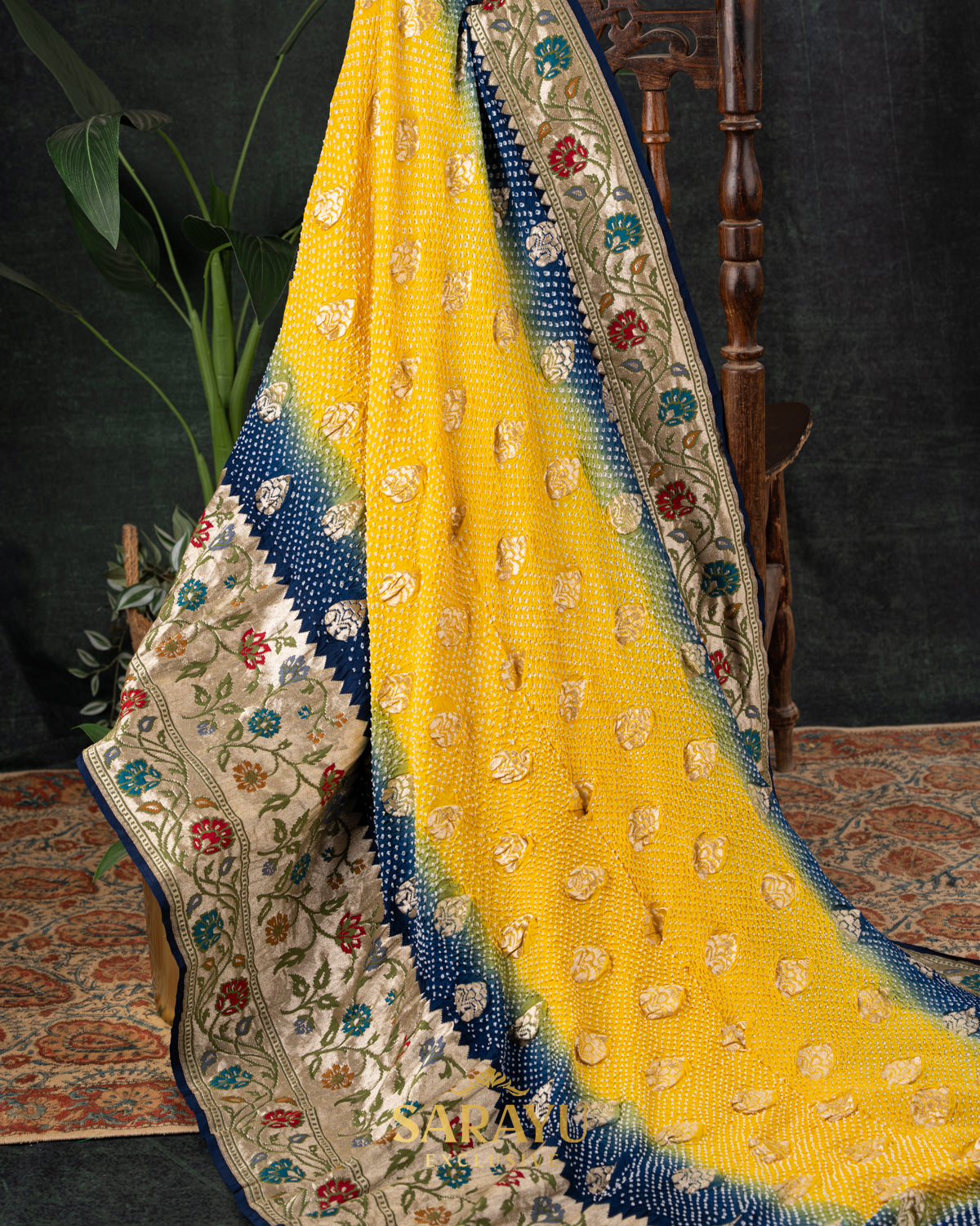 Masterpiece Sunshine Yellow and Navy Pure Banarasi Georgette