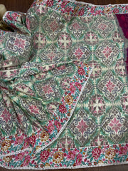 Twill Ikkat Machine Embroidered Saree